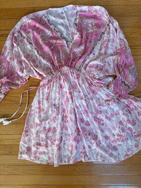Pink Lily Boho‑Chic Blouson Mini Dress • Mixed Pink Paisley • Raglan Sleeve • M